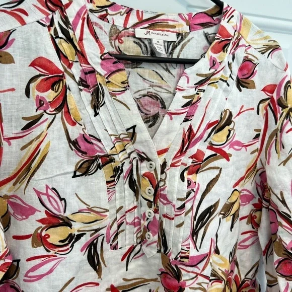 JM COLLECTION In full bloom Floral 100% Linen NWT Ladies Shirt - Picture 2 of 8